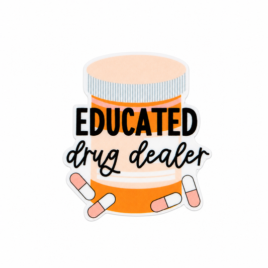 EDUCATED drug dealer plastic add-on featuring a prescription bottle and capsules, compatible with interchangeable badge reel bases, funny pharmacist accessory