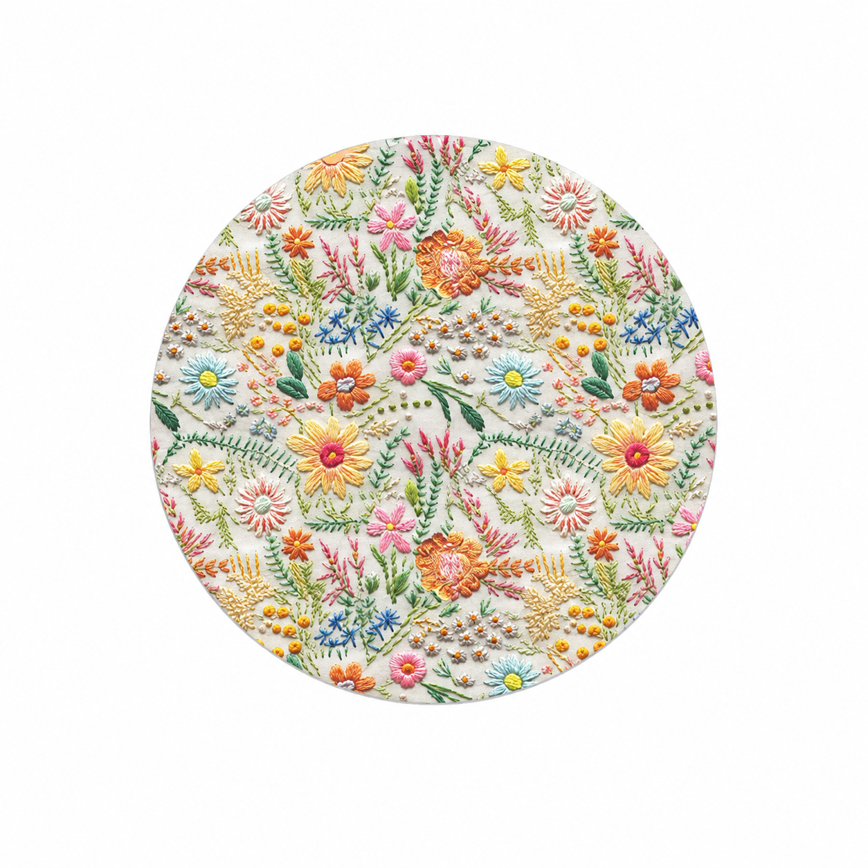 Embroidered flowers hard board add-on featuring colorful daisies, delicate blossoms, ferns, and leafy stems, compatible with interchangeable badge reel bases.