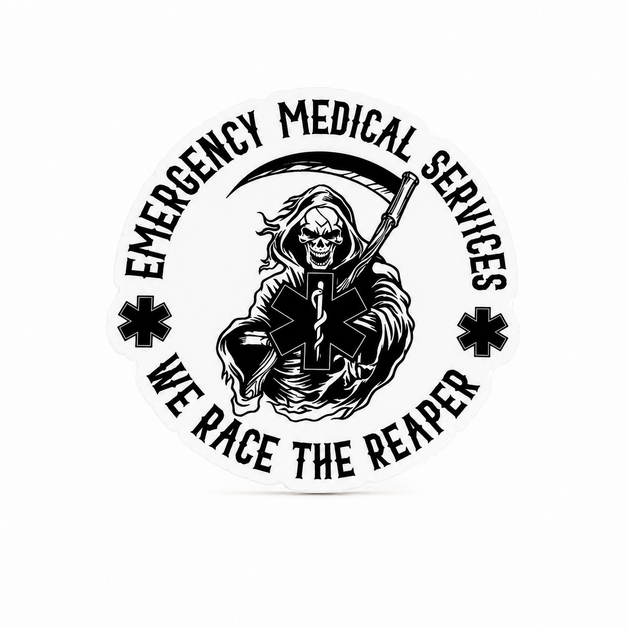 Emergency Medical Services We Race the Reaper plastic add-on with a Grim Reaper and Star of Life, an EMS gift compatible with interchangeable badge reel bases.