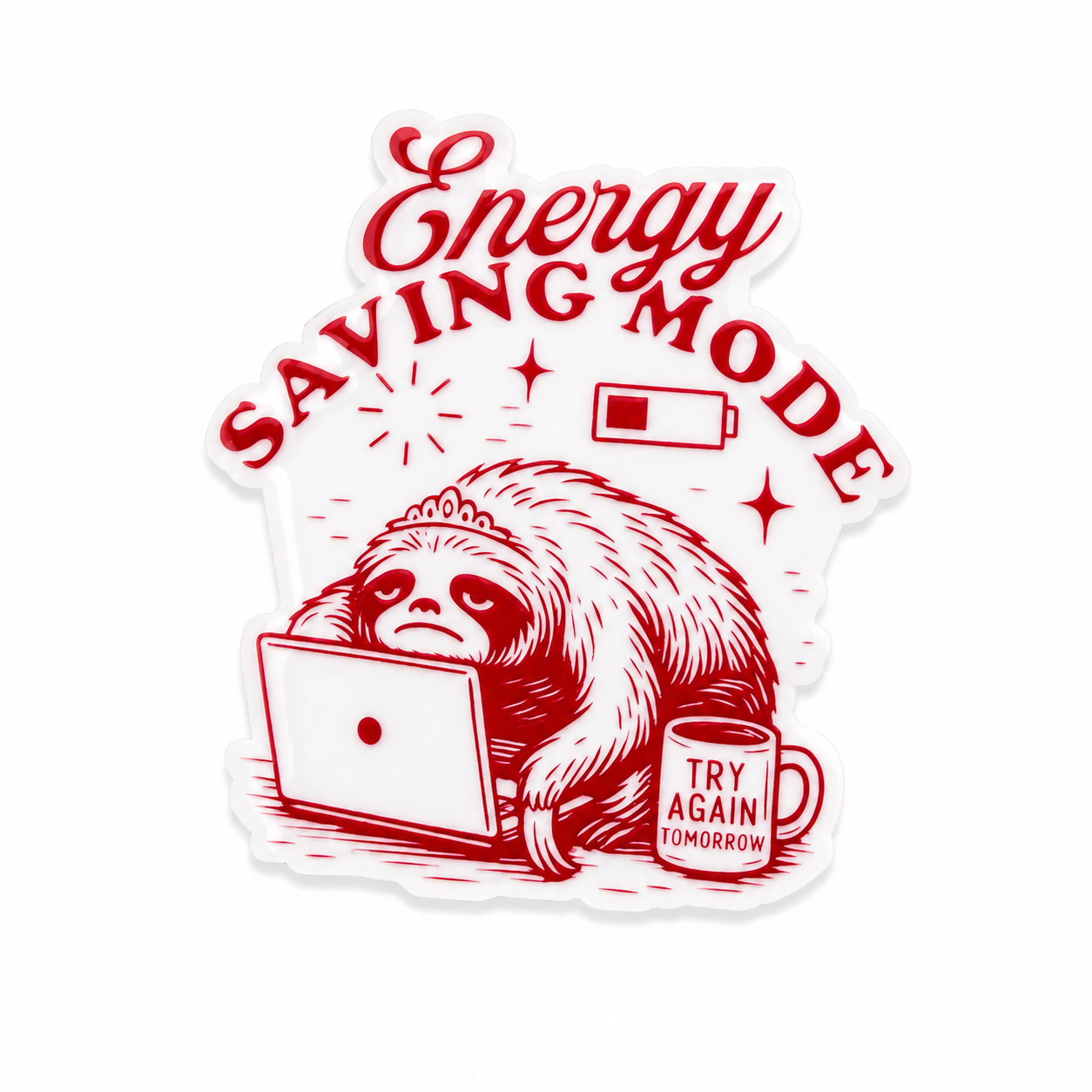 Plastic add-on featuring a tired sloth using a laptop with the phrase "Energy Saving Mode" and a low battery icon, compatible with interchangeable badge reel bases