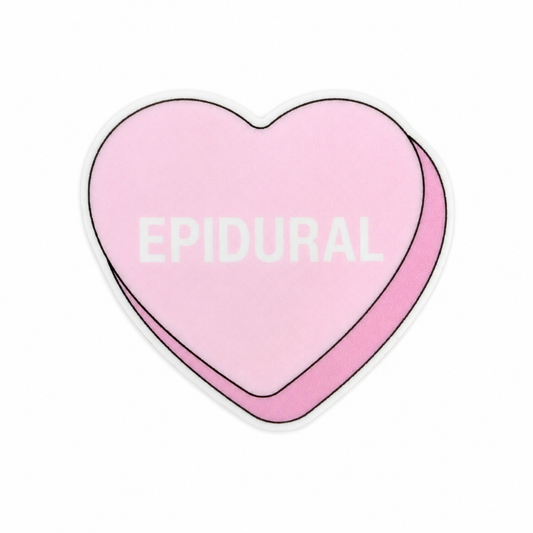 EPIDURAL plastic add-on featuring a pink candy heart design, compatible with interchangeable badge reel bases and ideal for labor and delivery and anesthesia professionals.