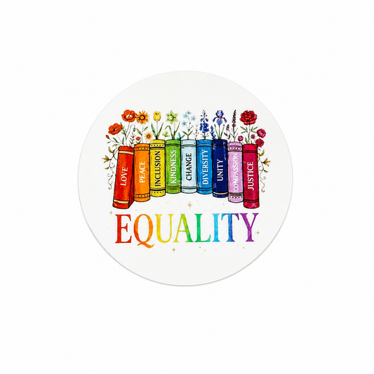 EQUALITY plastic add-on featuring colorful books labeled Love, Peace, Kindness, Change, Diversity, Equity, Compassion, and Justice with flowers, compatible with interchangeable badge reel bases