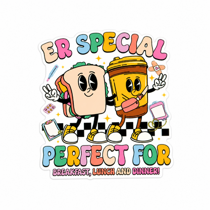 ER Special Perfect For Breakfast Lunch And Dinner plastic add-on featuring a smiling sandwich and coffee character, compatible with interchangeable badge reel bases and ideal for ER nurses and healthcare workers