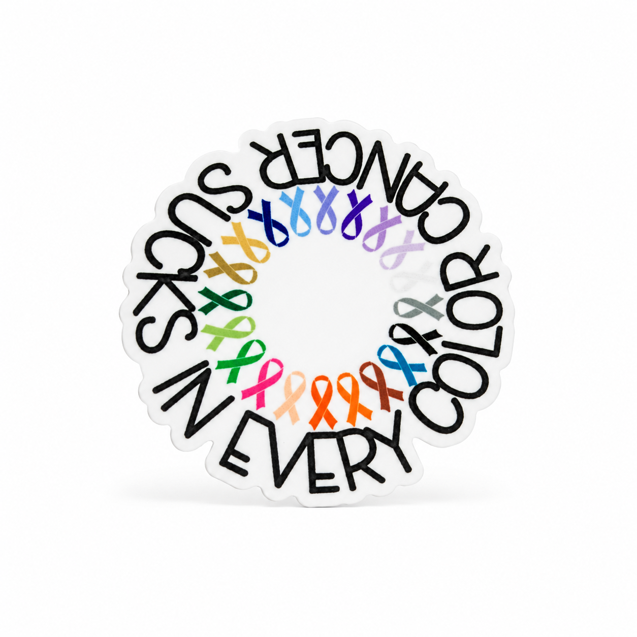 EVERY COLOR CANCER SUCKS cancer awareness plastic add-on with multicolored awareness ribbons, compatible with interchangeable badge reel bases.