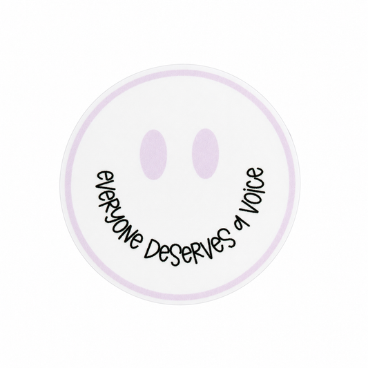 everyone deserves a voice plastic add-on featuring a pastel smiley face design, compatible with interchangeable badge reel bases, perfect for speech therapy and communication advocacy.