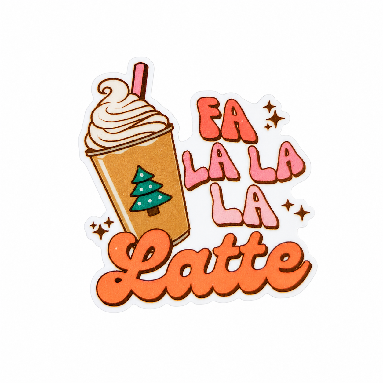 Fa La La La Latte plastic add-on featuring a festive latte with whipped cream and Christmas tree design, compatible with interchangeable badge reel bases.