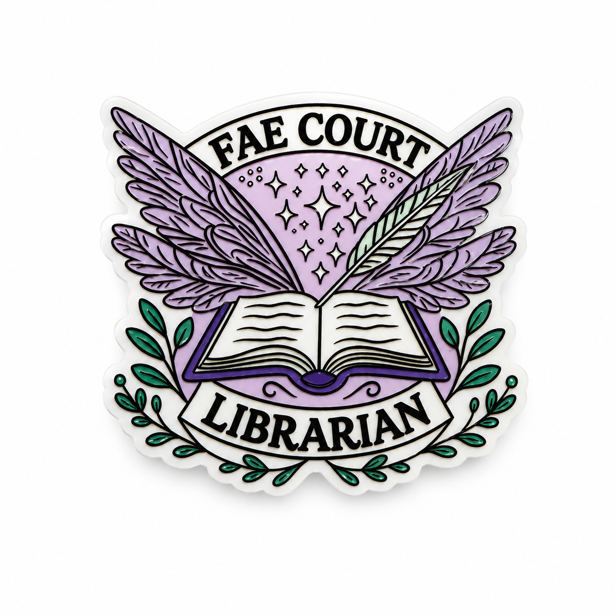 FAE COURT LIBRARIAN plastic add-on featuring an open book, feather quill, wings, stars, and leafy accents, compatible with interchangeable badge reel bases.