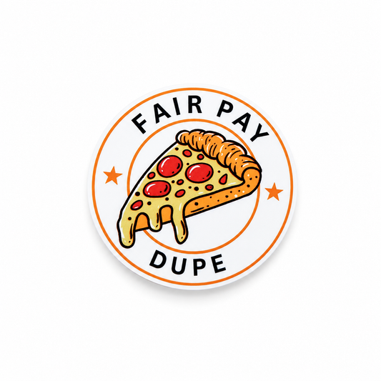 Fair Pay Dupe plastic add-on with a pepperoni pizza slice design, compatible with interchangeable badge reel bases