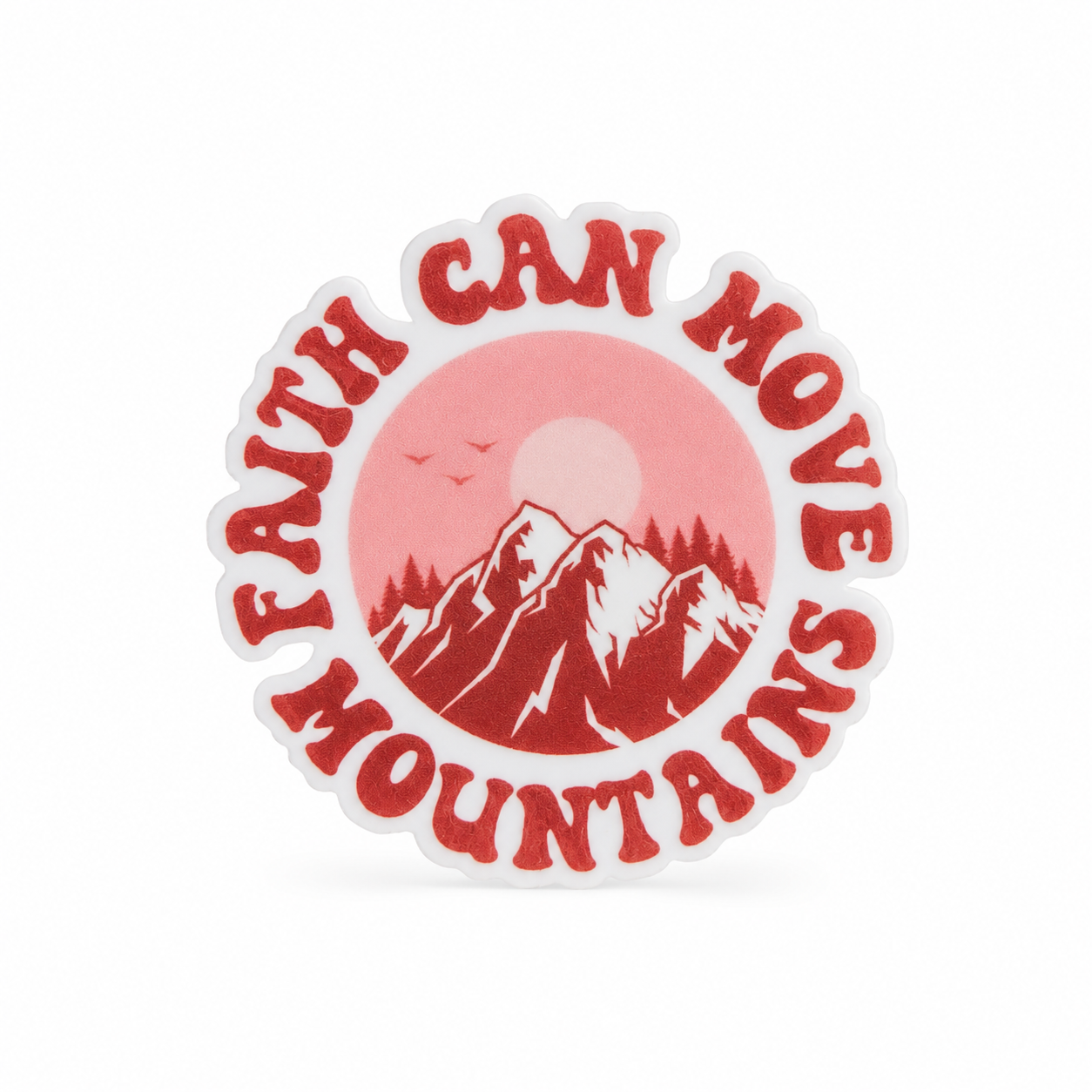 FAITH CAN MOVE MOUNTAINS plastic add-on with coral and pink mountain design, compatible with interchangeable badge reel bases for Christian encouragement