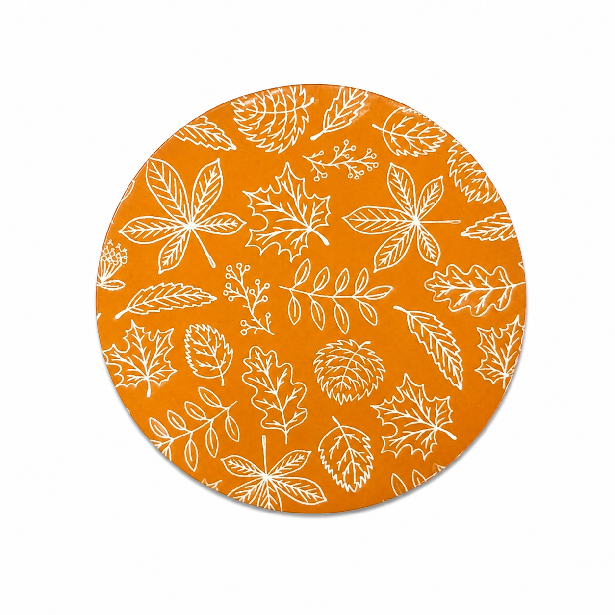 Autumn leaves hard board add-on featuring white botanical foliage on a warm orange background, compatible with interchangeable badge reel bases for fall lovers.