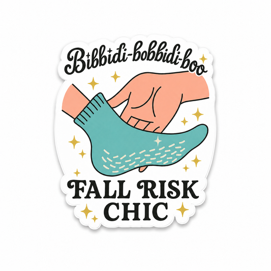 Fall Risk Chic plastic add-on for compatible interchangeable badge reel bases
