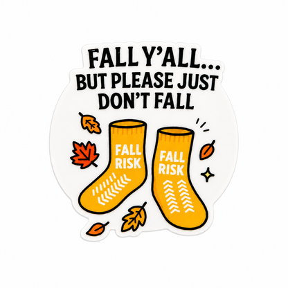Funny fall-themed plastic add-on for badge reels with fall risk socks design for nurses and healthcare workers