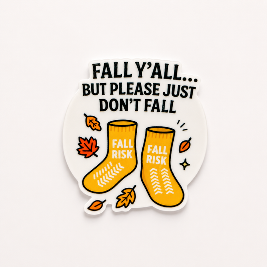 Funny fall-themed plastic add-on for badge reels with fall risk socks design for nurses and healthcare workers