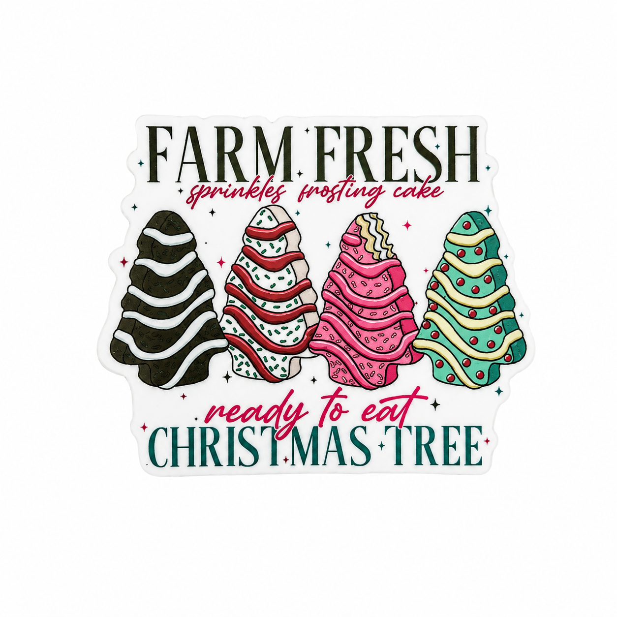 Plastic add-on featuring decorated Christmas tree cookies and the phrase FARM FRESH sprinkles frosting cake ready to eat CHRISTMAS TREE, compatible with interchangeable badge reel bases.