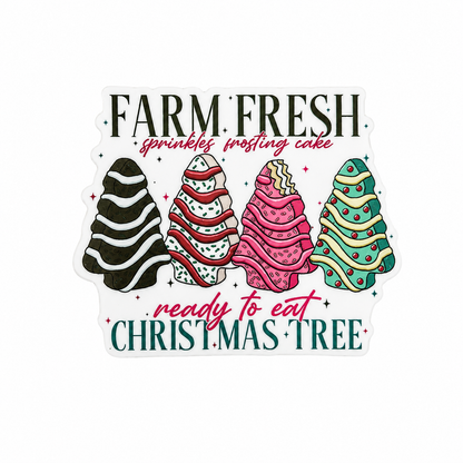 Plastic add-on featuring decorated Christmas tree cookies and the phrase FARM FRESH sprinkles frosting cake ready to eat CHRISTMAS TREE, compatible with interchangeable badge reel bases.