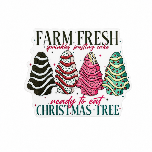 Plastic add-on featuring decorated Christmas tree cookies and the phrase FARM FRESH sprinkles frosting cake ready to eat CHRISTMAS TREE, compatible with interchangeable badge reel bases.