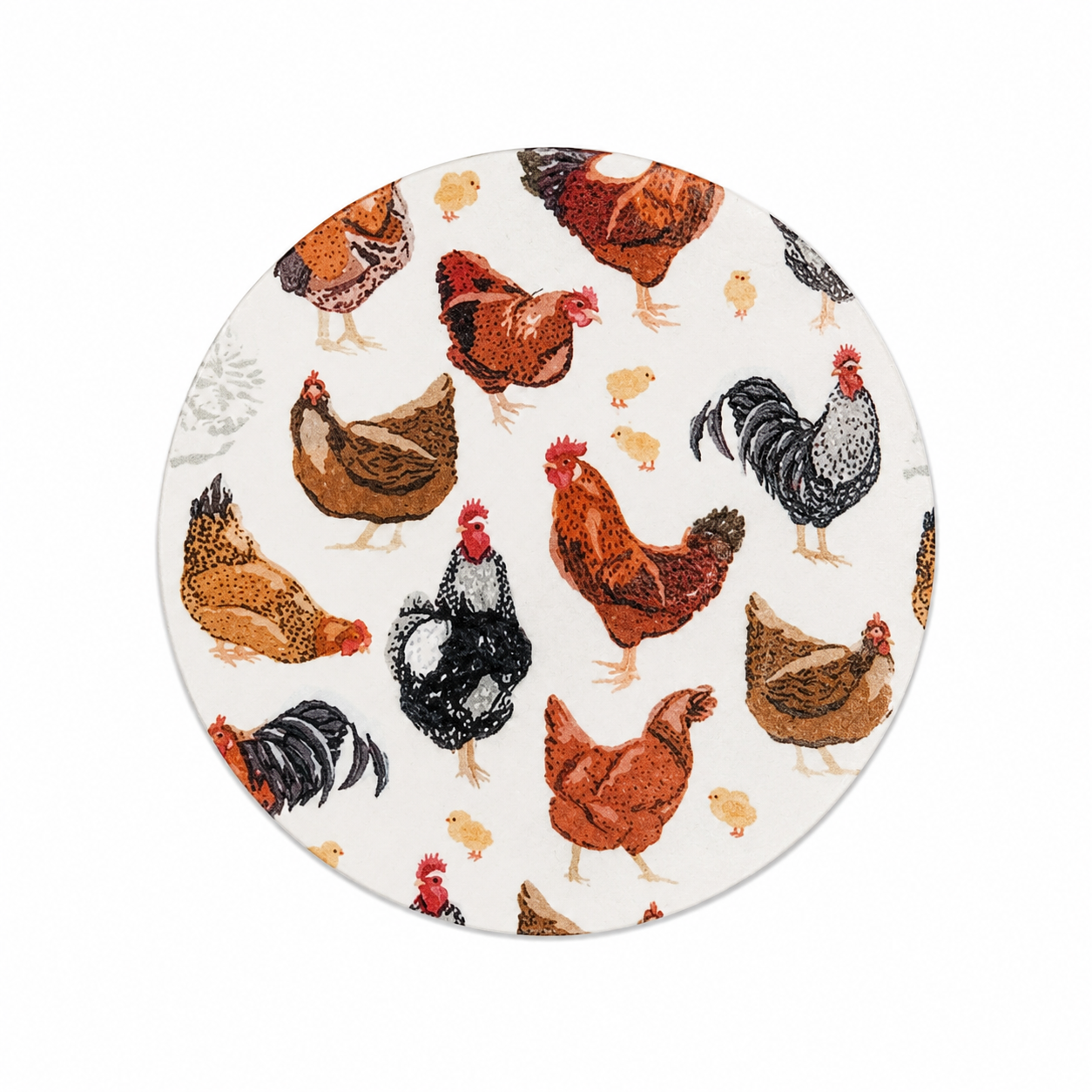 Chicken farm hard board add-on featuring illustrated hens, roosters, and tiny chicks, compatible with interchangeable badge reel bases for poultry and farm animal lovers.