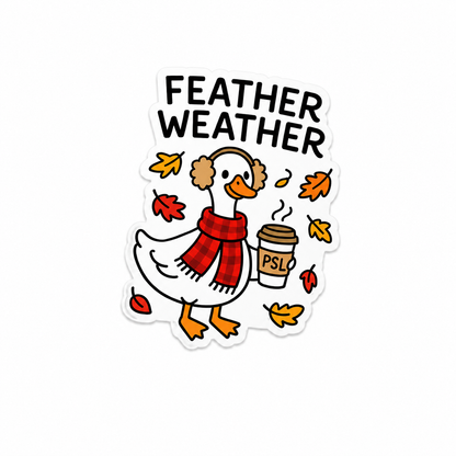 Feather Weather goose plastic add-on with scarf, earmuffs, PSL coffee, and fall leaves for compatible interchangeable badge reel bases