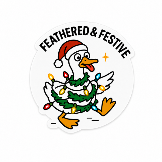 Feathered and Festive goose plastic add-on with Santa hat and Christmas lights for compatible interchangeable badge reel bases.