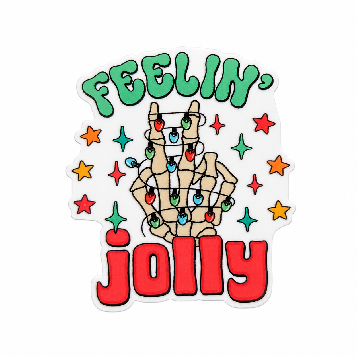 Feelin’ Jolly plastic add-on with hand wrapped in Christmas lights, compatible with interchangeable badge reel bases.