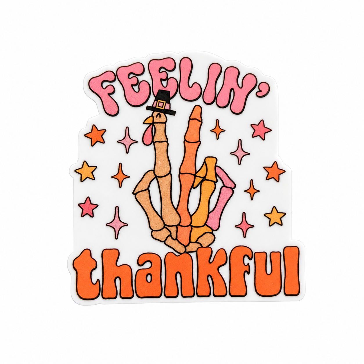 FEELIN’ thankful plastic add-on with skeleton-hand turkey and fall stars, compatible with interchangeable badge reel bases, Thanksgiving accessory.