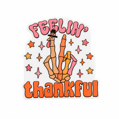 FEELIN’ thankful plastic add-on with skeleton-hand turkey and fall stars, compatible with interchangeable badge reel bases, Thanksgiving accessory.