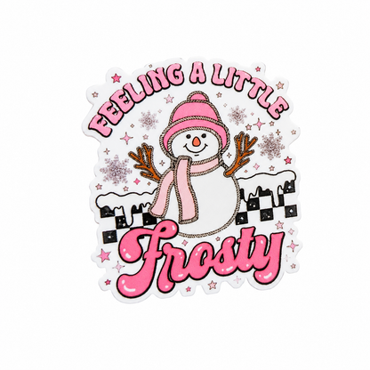 Feeling A Little Frosty plastic add-on with pink snowman winter design, compatible with interchangeable badge reel bases.