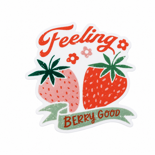 Feeling Berry Good plastic add-on with strawberries, flowers, and green banner, compatible with interchangeable badge reel bases, cute strawberry lover accessory.