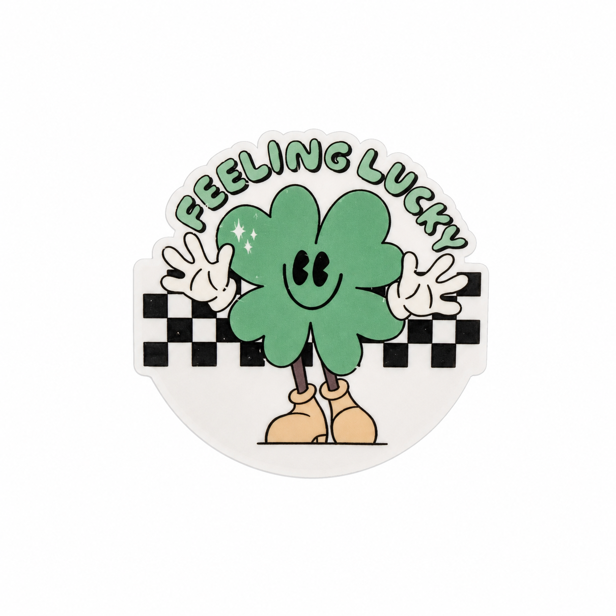 FEELING LUCKY plastic add-on with smiling green shamrock and checkered background, compatible with interchangeable badge reel bases, perfect St Patrick’s Day accessory.