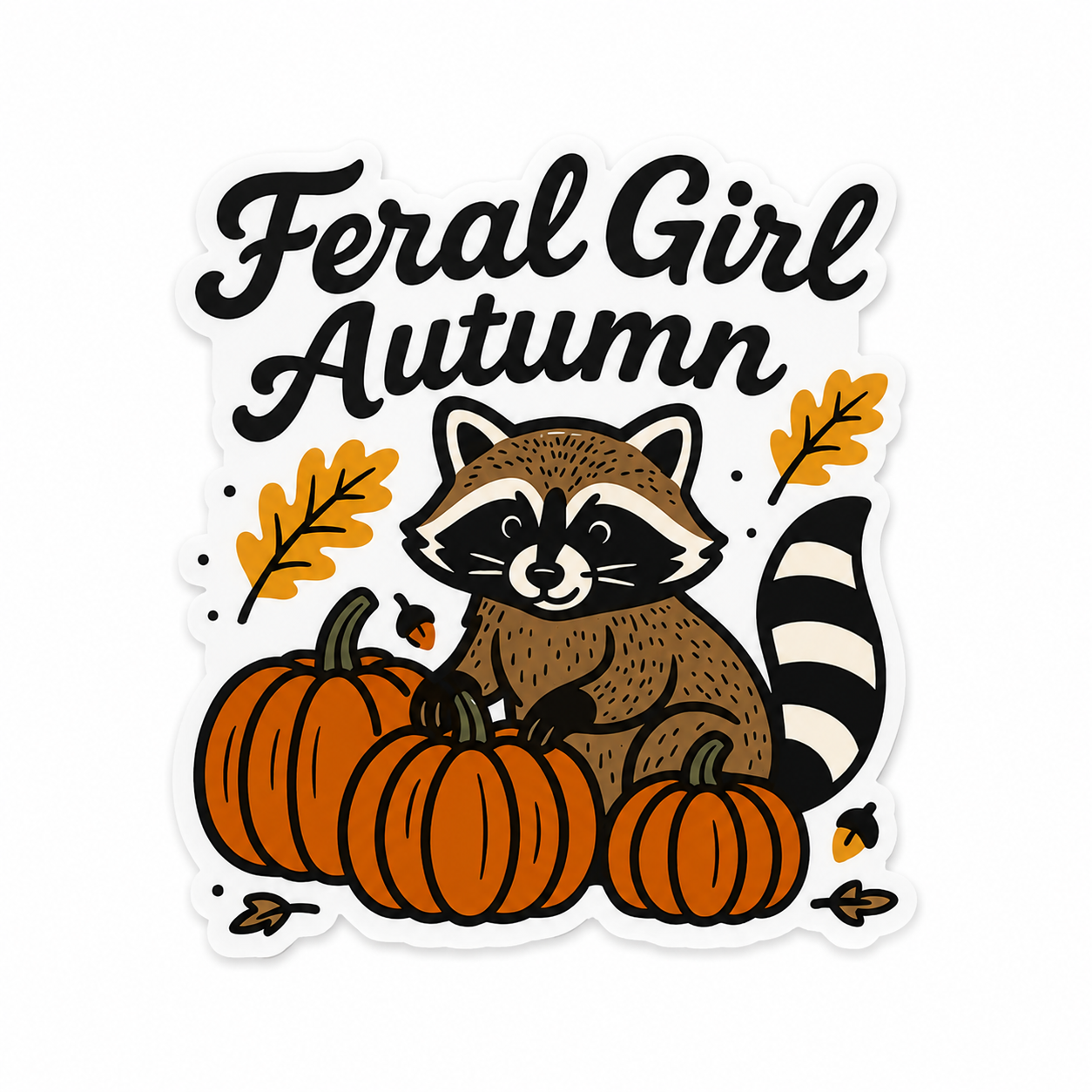 Feral Girl Autumn plastic add-on featuring a cute raccoon with pumpkins, acorns, and fall leaves, compatible with interchangeable badge reel bases.