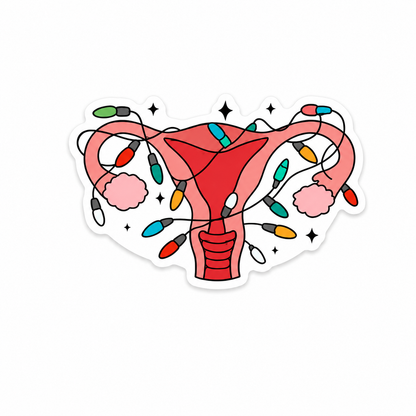 Festive uterus plastic add-on wrapped in colorful Christmas lights for compatible interchangeable badge reel bases and holiday healthcare accessories.