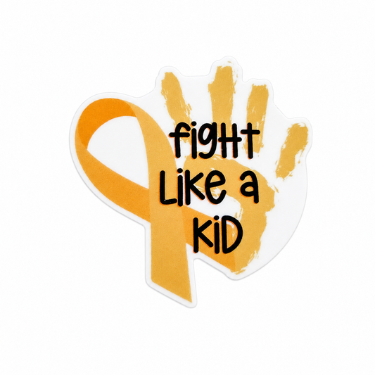 Fight Like A Kid plastic add-on with gold ribbon and handprint for childhood cancer awareness, compatible with interchangeable badge reel bases.