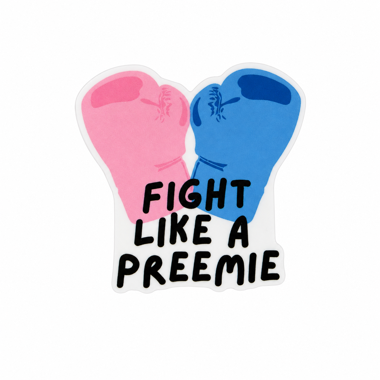FIGHT LIKE A PREEMIE plastic add-on featuring pink and blue boxing gloves, compatible with interchangeable badge reel bases, NICU awareness badge accessory