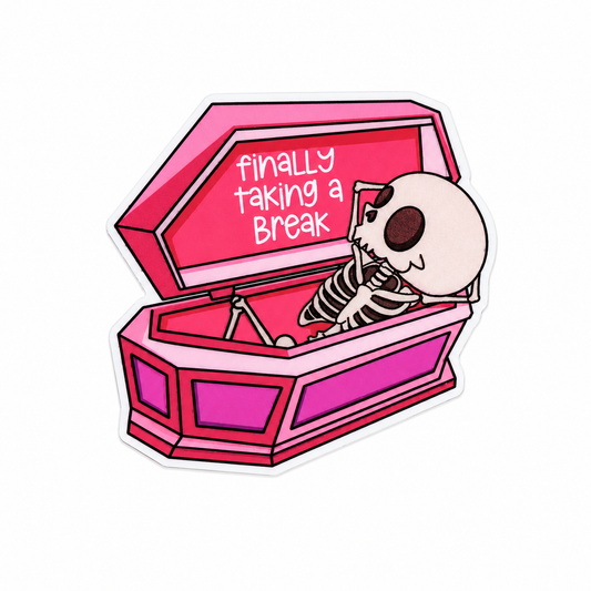 Finally Taking a Break plastic add-on with skeleton in a pink coffin, compatible with interchangeable badge reel bases.