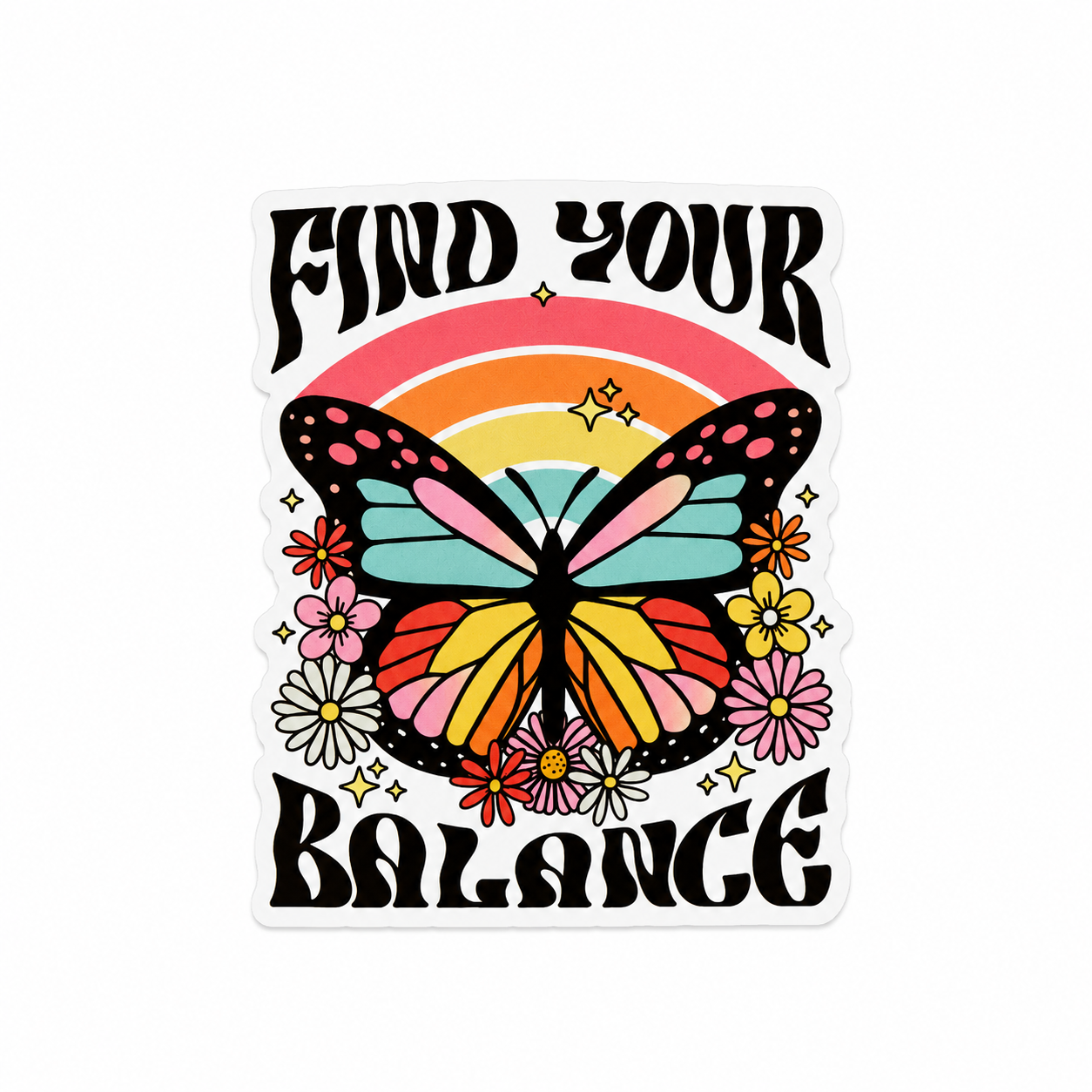 Find Your Balance plastic add-on with colorful butterfly, rainbow, flowers, and sparkle details, compatible with interchangeable badge reel bases