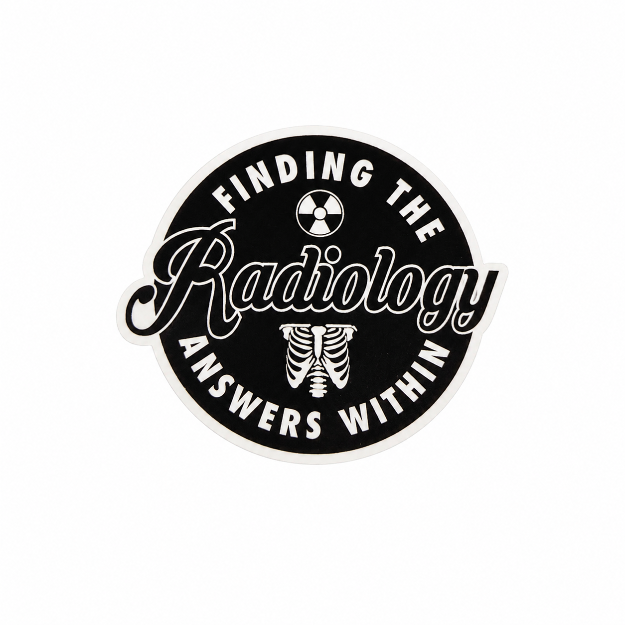 Finding the Radiology Answers Within plastic add-on with radiation symbol and rib cage design, compatible with interchangeable badge reel bases.
