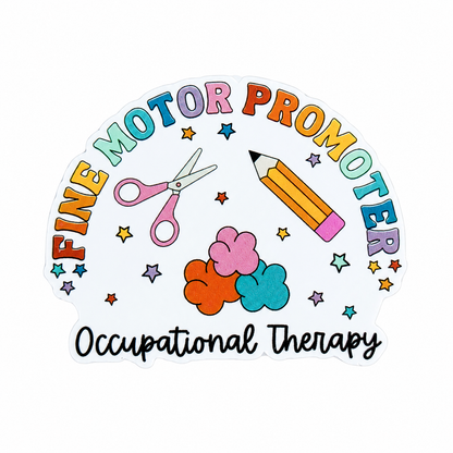 FINE MOTOR PROMOTER Occupational Therapy plastic add-on featuring colorful lettering, scissors, pencil, stars, and fine motor therapy icons, compatible with interchangeable badge reel bases and perfect for occupational therapists.