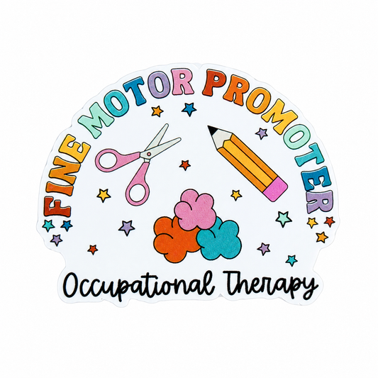 FINE MOTOR PROMOTER Occupational Therapy plastic add-on featuring colorful lettering, scissors, pencil, stars, and fine motor therapy icons, compatible with interchangeable badge reel bases and perfect for occupational therapists.