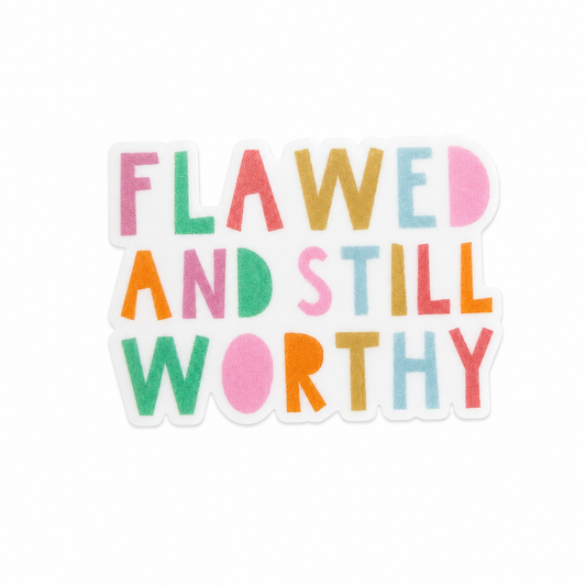 Flawed And Still Worthy plastic add-on with pastel lettering, compatible with interchangeable badge reel bases.