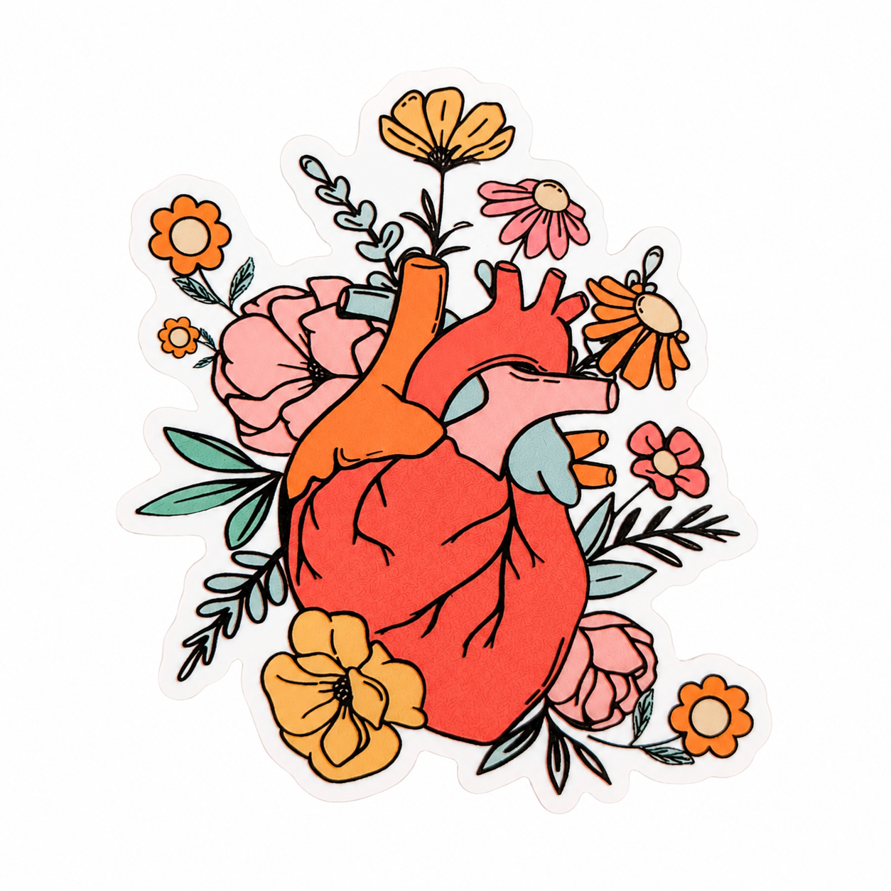 Floral anatomical heart plastic add-on with colorful flowers and leaves, compatible with interchangeable badge reel bases for cardiology healthcare accessory.