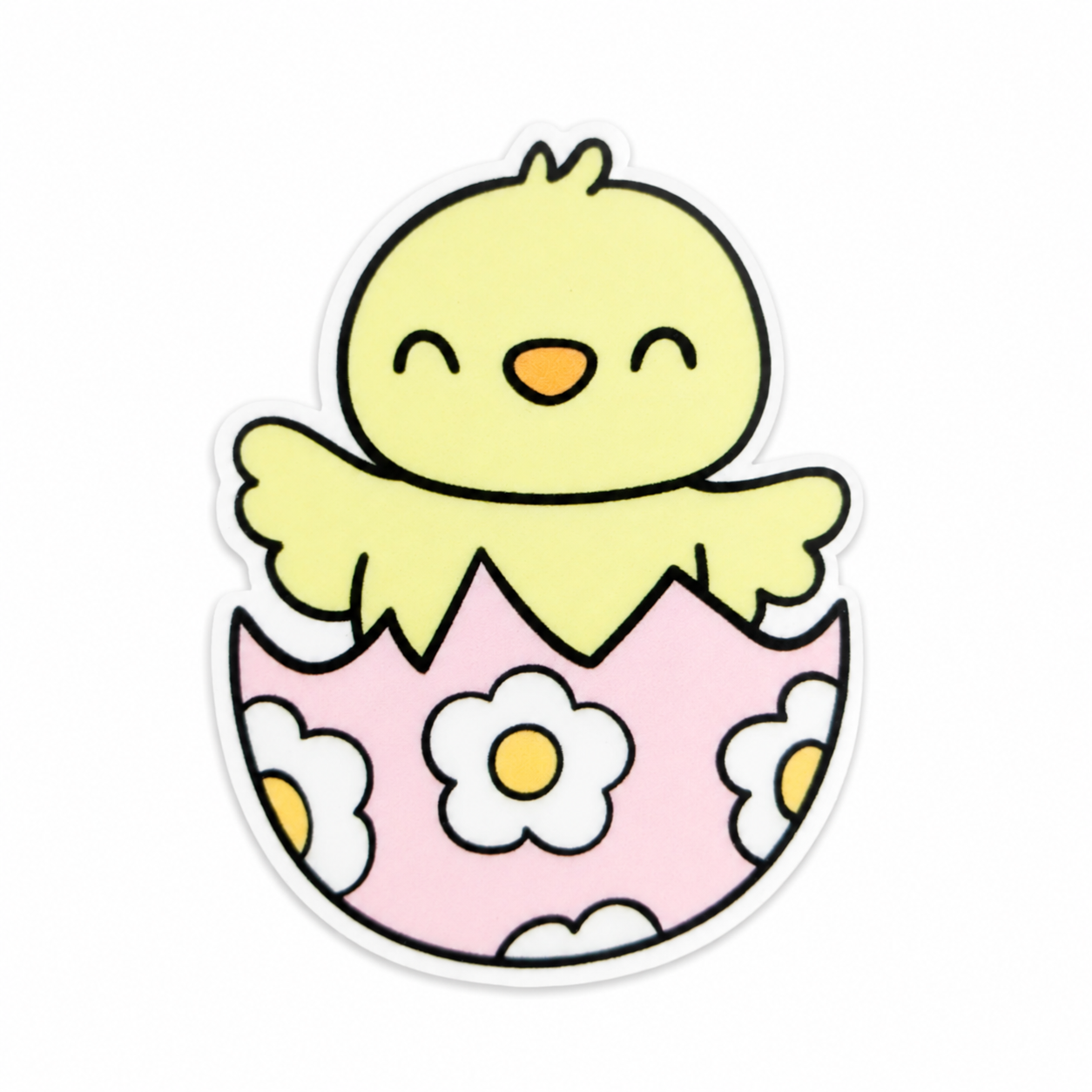 Plastic add-on featuring a smiling yellow chick hatching from a pink floral eggshell, compatible with interchangeable badge reel bases, cute animal badge topper and spring accessory.
