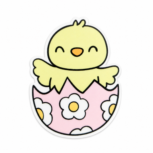 Plastic add-on featuring a smiling yellow chick hatching from a pink floral eggshell, compatible with interchangeable badge reel bases, cute animal badge topper and spring accessory.