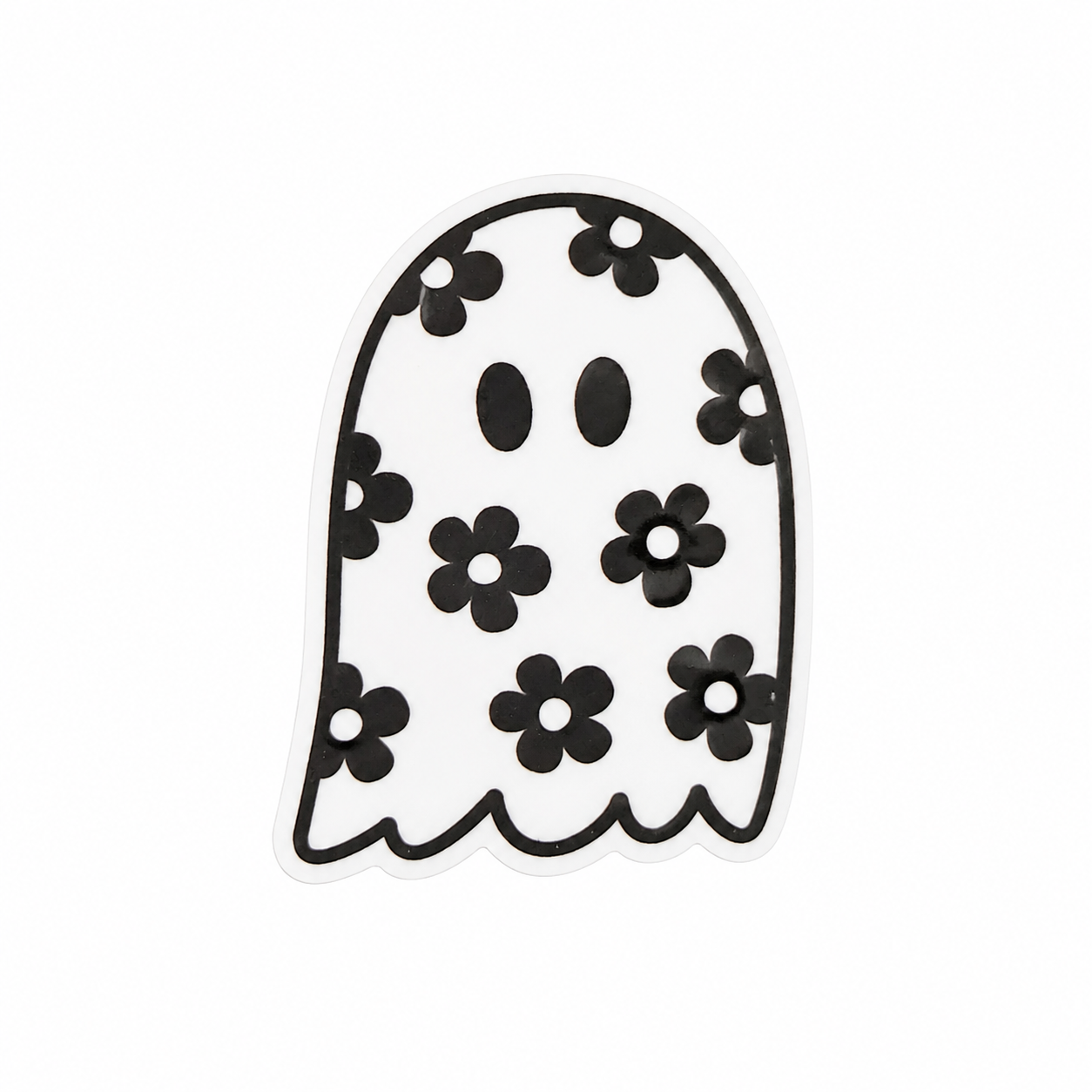 Floral ghost plastic add-on with black flower pattern and cute spooky design, compatible with interchangeable badge reel bases.