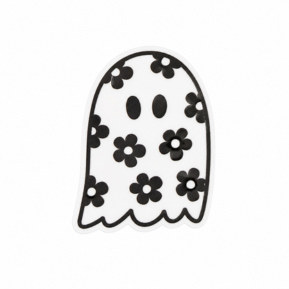 Floral ghost plastic add-on with black flower pattern and cute spooky design, compatible with interchangeable badge reel bases.
