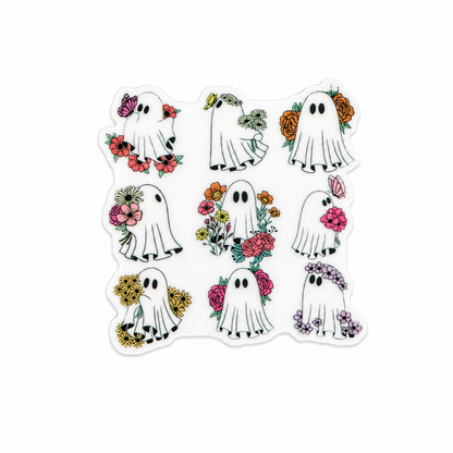 Plastic add-on featuring adorable ghosts surrounded by colorful flowers and botanical accents, compatible with interchangeable badge reel bases and perfect for cute Halloween accessories.