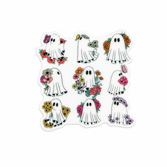 Plastic add-on featuring adorable ghosts surrounded by colorful flowers and botanical accents, compatible with interchangeable badge reel bases and perfect for cute Halloween accessories.
