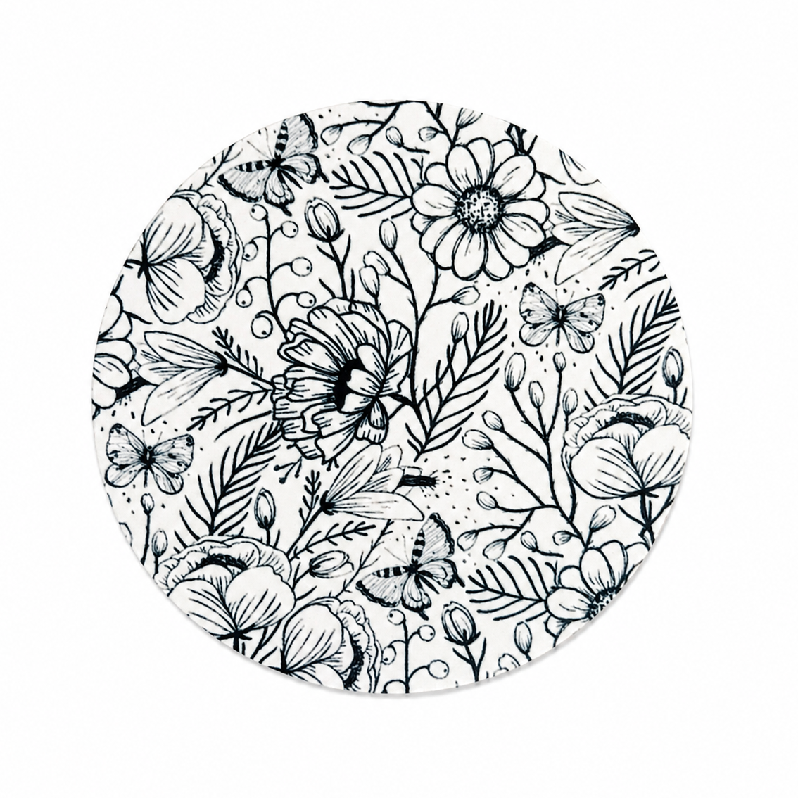 Hard board add-on featuring detailed botanical flowers, butterflies, and foliage in elegant line art, compatible with interchangeable badge reel bases.