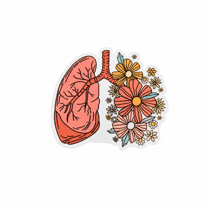Floral lungs plastic add-on with coral lung design, orange flowers, and leaves, compatible with interchangeable badge reel bases for respiratory therapist accessory.
