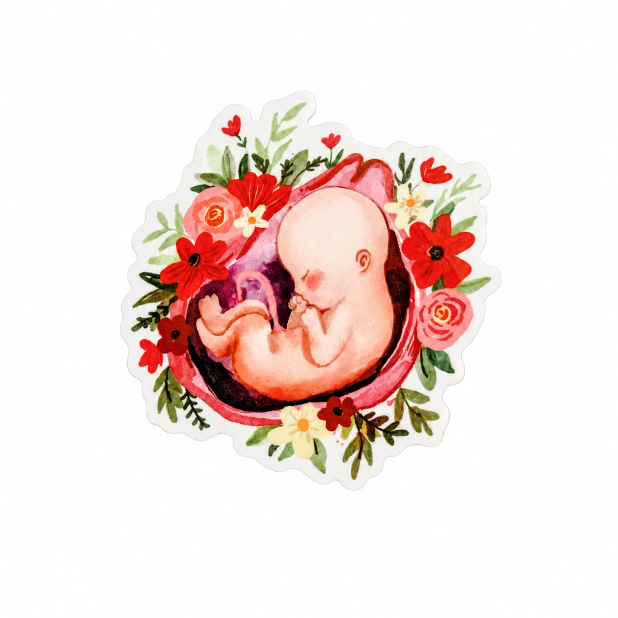 Floral Pregnancy Baby  plastic add-on compatible with interchangeable badge reel bases, featuring a cute unborn baby surrounded by pink and red flowers for Labor & Delivery nurses