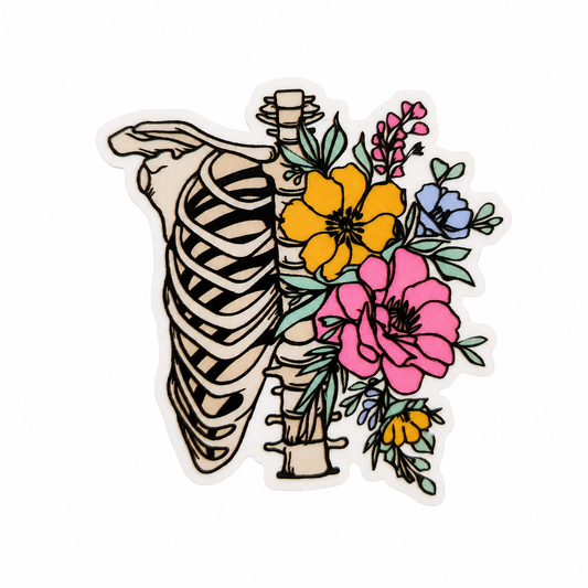 Floral rib cage plastic add-on with spine, flowers, and leafy accents, compatible with interchangeable badge reel bases for anatomy healthcare accessory.
